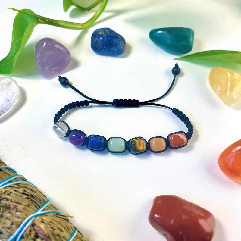 Turix Empower 7 Chakra Crystals Braided Bracelet with seven colorful natural gemstone beads on adjustable cord