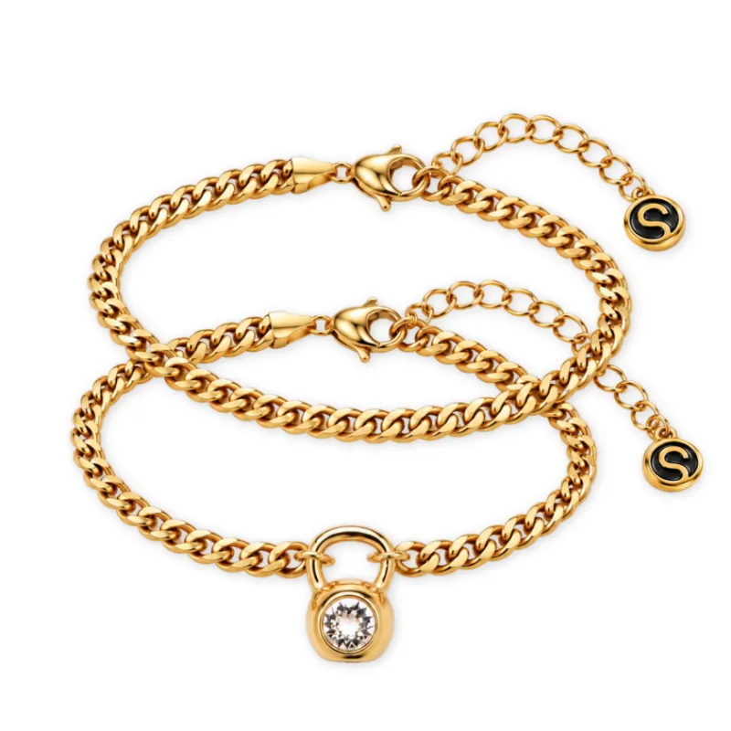 Sleek Fit Jewelry KRATOS STACK - GOLD, two stacked Miami Cuban link bracelets with a Swarovski crystal kettlebell pendant