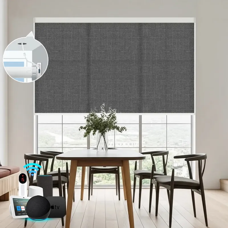 Bringnox Hardwired Motorized Light Filtering Roller Shades 70% Blackout Bouvardia window shade in modern fabric