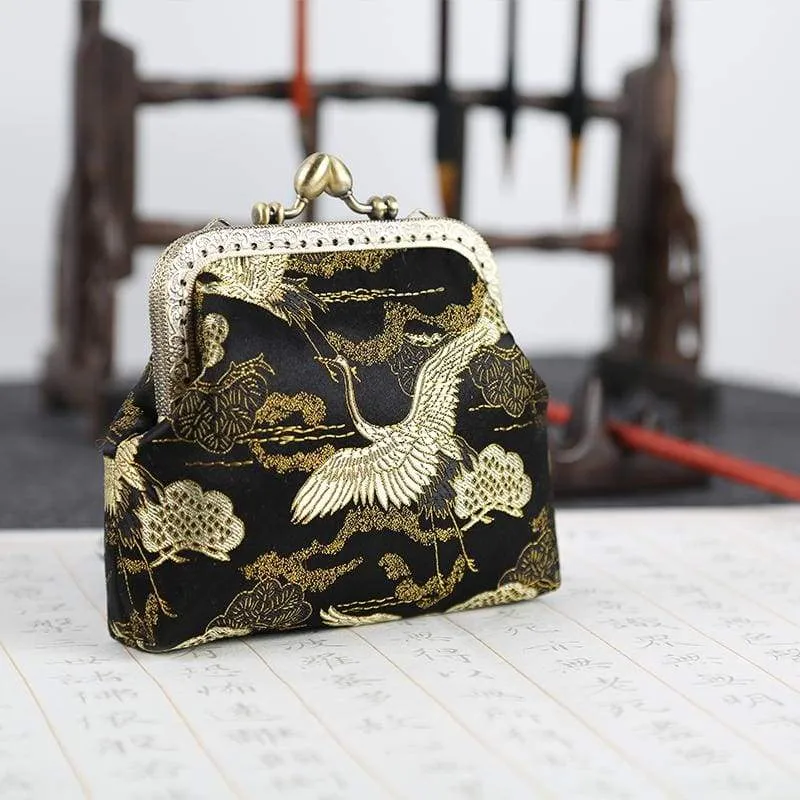Foxtume Gorgeous Crane Buckle Coin Purses Vintage Pouch silk purse with crane design