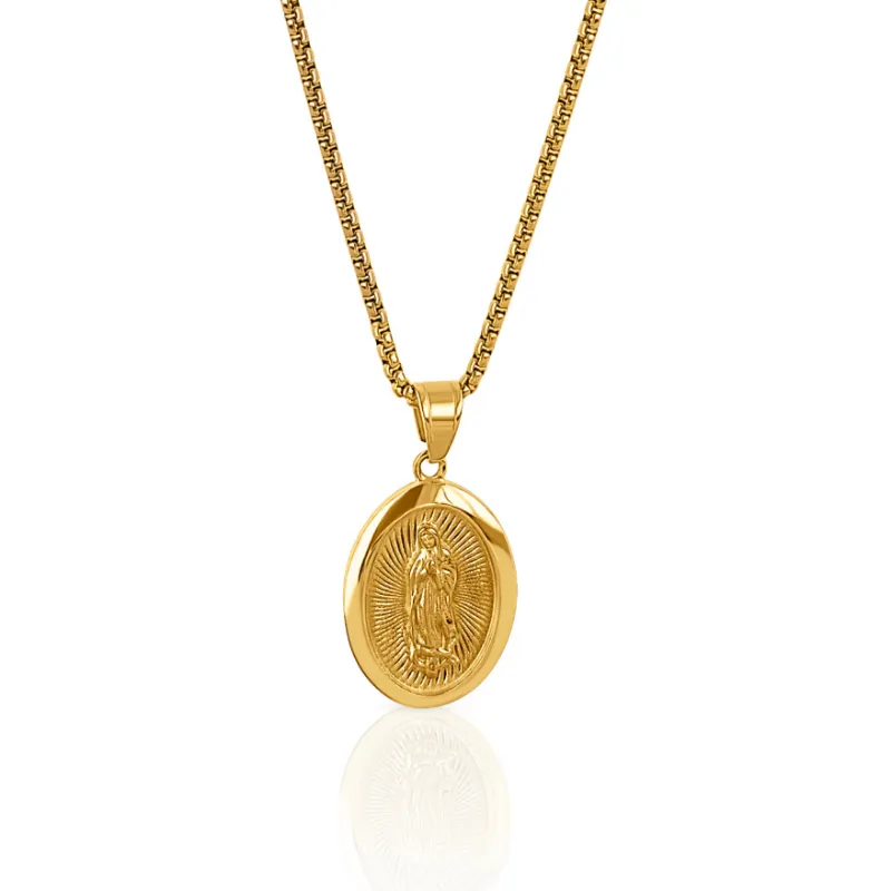 DORSYA Virgin Mary Gold Necklace with detailed Virgin Mary pendant on long gold box chain