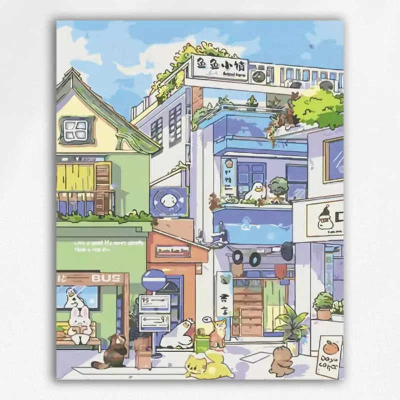 Maikoo Art Dayu coffee street Paint by Numbers kit showing European street cafe scene