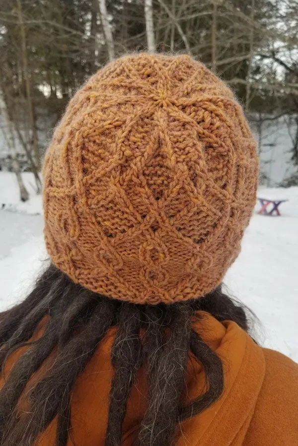 Kristen TenDyke Tyr Hat showing cable pattern in mohair blend yarn
