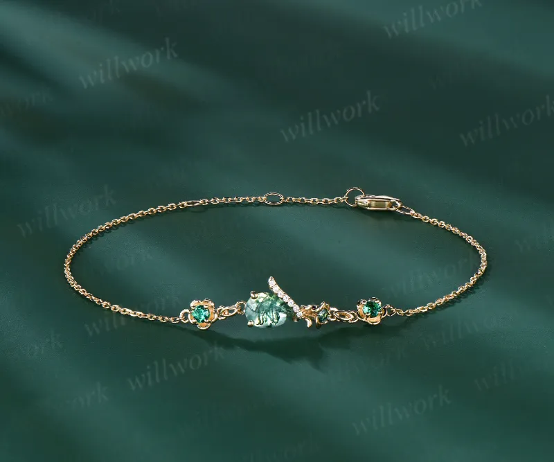 WillWork Jewelry 14K yellow gold Flower Bracelet with pear moss agate, green gemstone with floral metal charms
