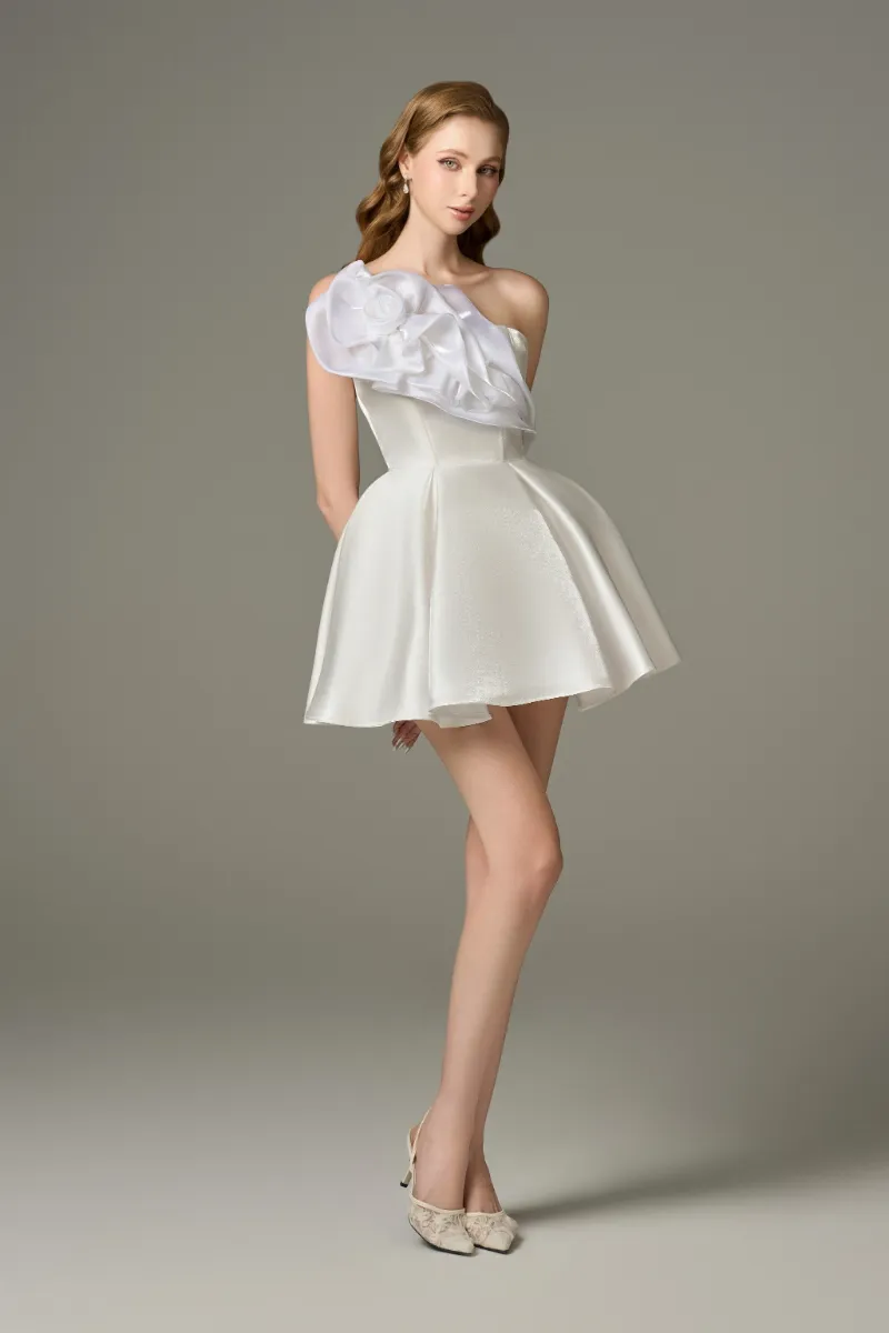 Kalisa Graceful Flared Micro-Mini Dress with Floral Appliqué showing floral embellishments