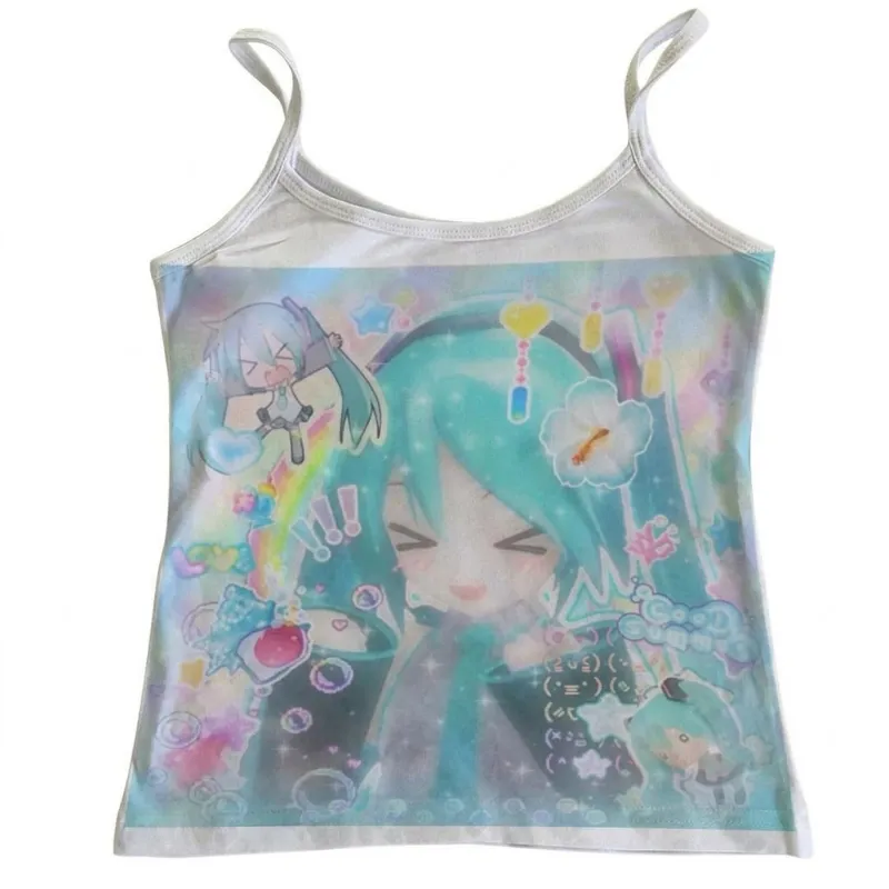 Shoptery Fairy Kei Hatsune Miku Pastel Rainbow Print Spaghetti Strap Cami Top on a model, cropped tank with pastel rainbow print