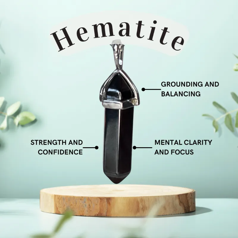 Turix Hematite Crystal Point Necklace with metallic hematite pendant on chain