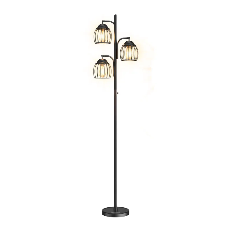 Lepower Tec Industrial Tree Floor Lamp with Dimmer & Edison Bulb showing cage-style lampshade and three adjustable heads
