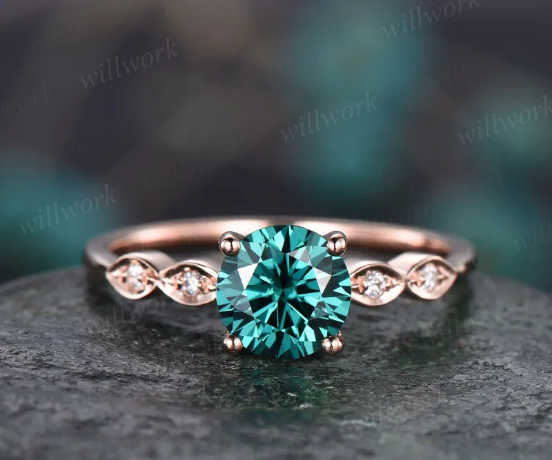 WillWork Jewelry 1ct colorful green moissanite engagement ring, round green stone with art deco band in rose gold