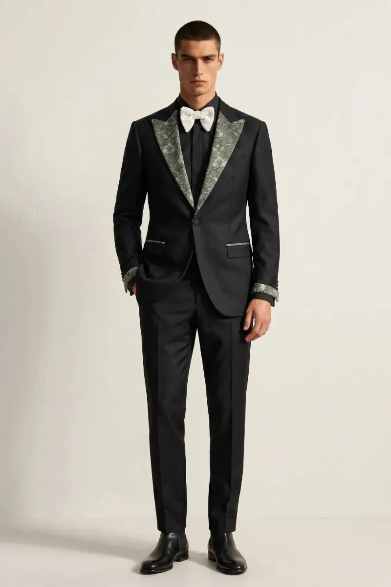 Wehilion Men's Black Jacquard Peak Lapel 2-Piece Formal Tuxedo Suit, all-black slim tuxedo with dress pants