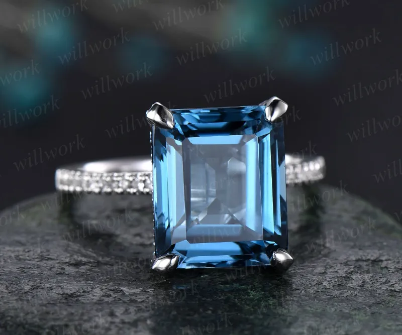 WillWork Jewelry 10x12mm London blue topaz engagement ring 14k white gold infinity band