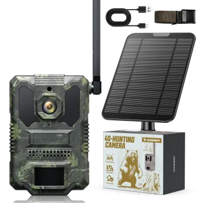 Voopeak TC36 trail camera mounted outdoors with solar panel and antenna
