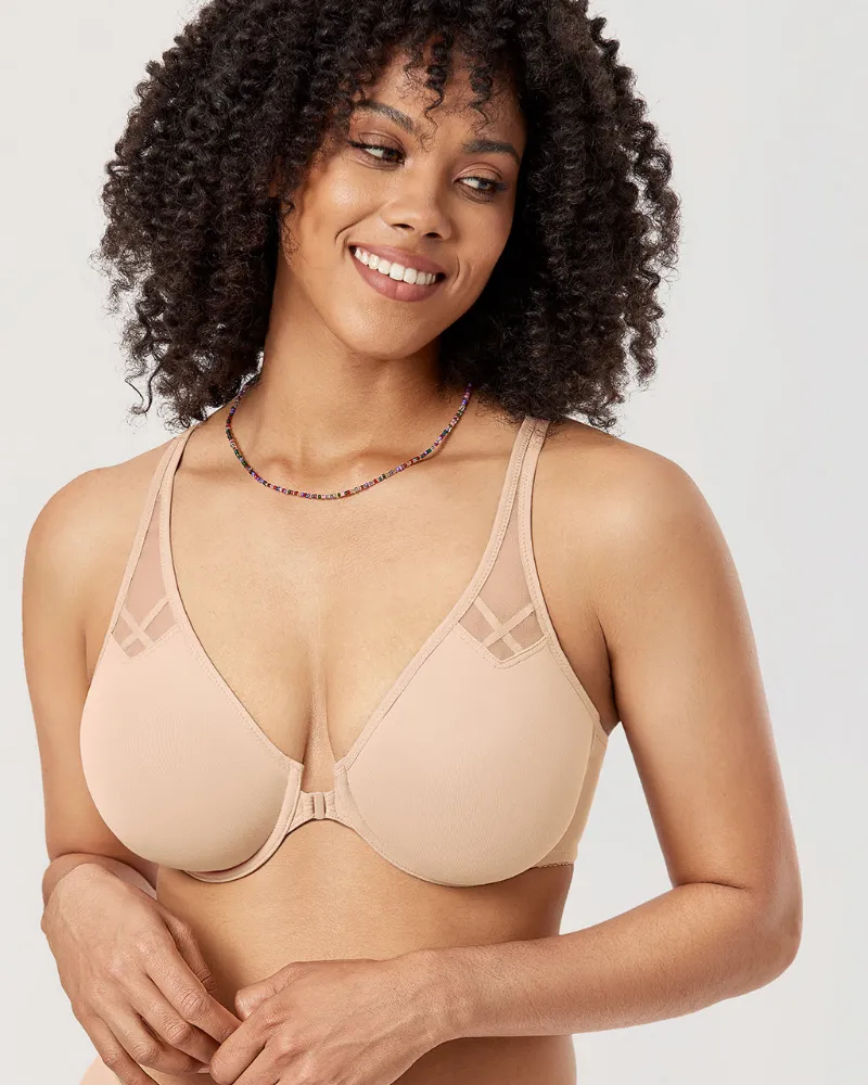 Essenther Global Front Closure Unlined Bra with mesh detail and racerback design