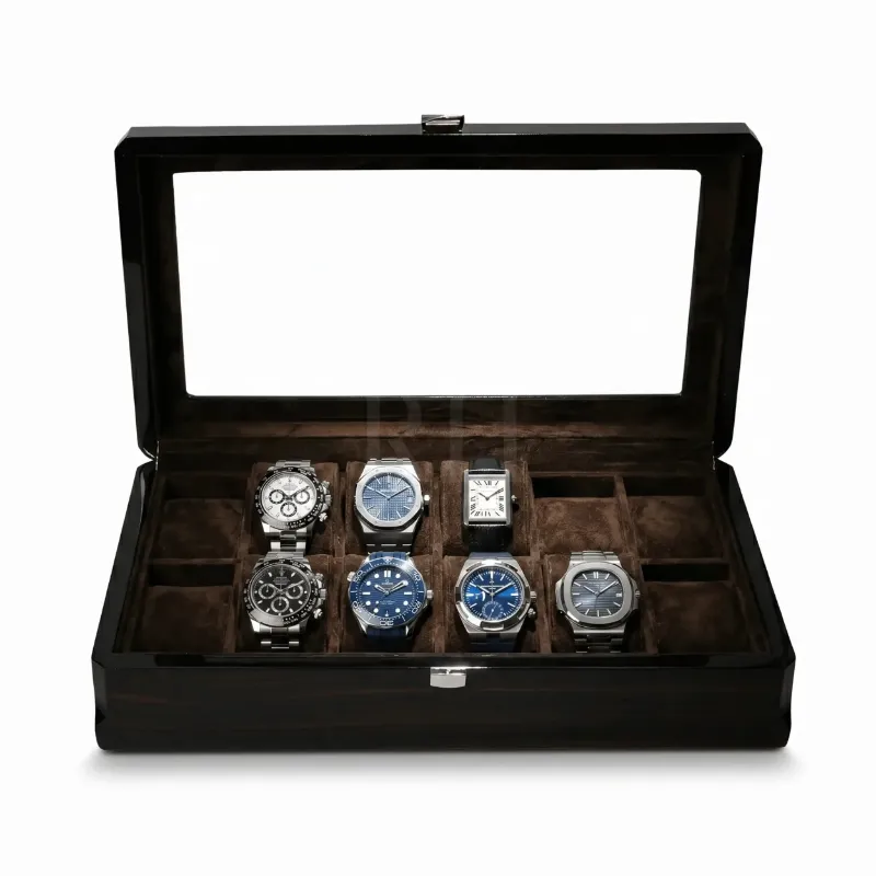 Rotation Horlogère Velar 12 wooden watch case with glass lid and velvet cushions for 12 watches