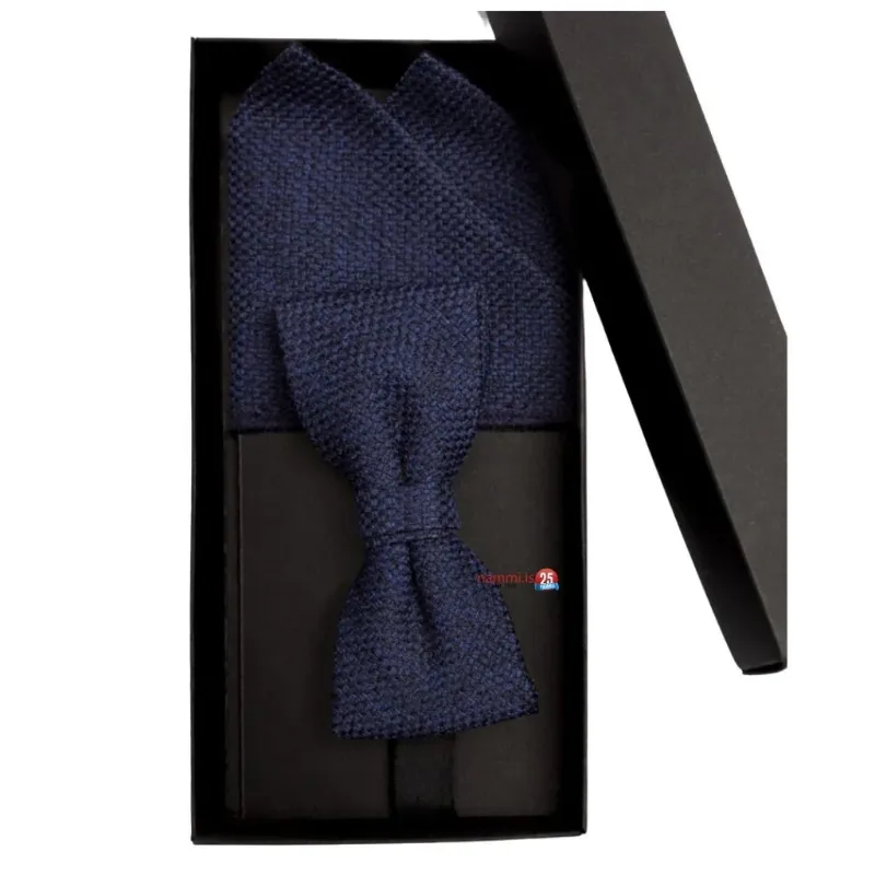 Nammi Blue Bow Tie for Men showing navy polyester bow tie in gift box