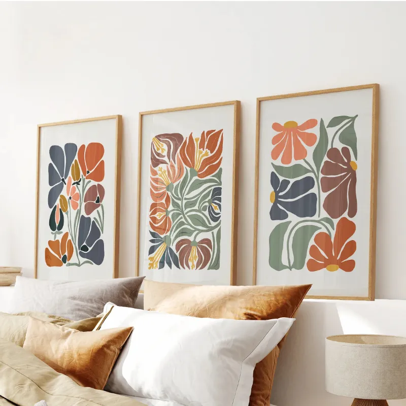 Wall Art Set Boho Botanical Set of 3 Wall Art. Abstract Flowers Prints showing three abstract botanical prints in warm tones