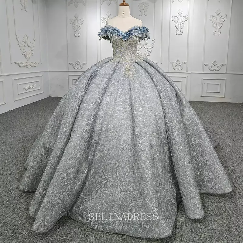 Selinadress 3D Flower Off shoulder Elegant Silver Evening Dresses High Quality DY9950 ball gown with beaded lace and sweep train