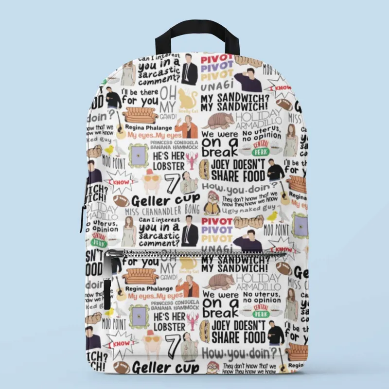 The Banyan Tee US All-Over Print Backpack - The One With The Doodle, front view with all-over doodle print design