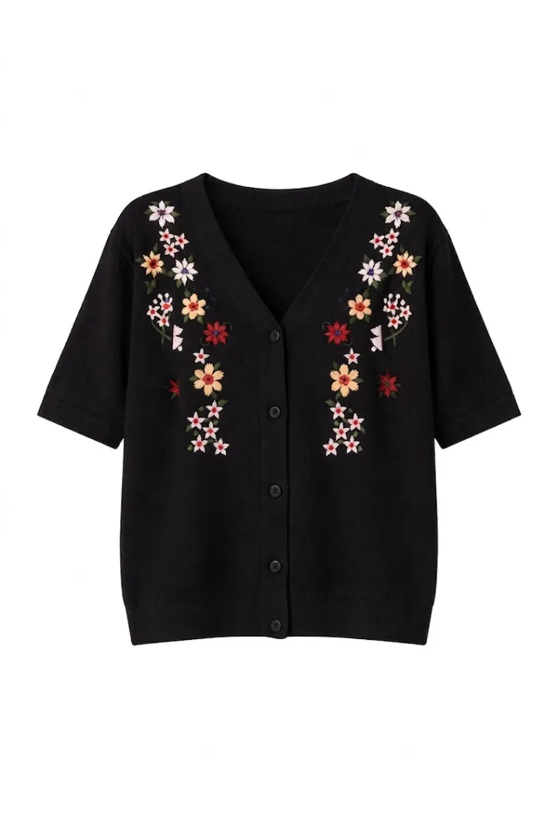 Cottagecore Clothes Dark Cottagecore Embroidered Knit Cardigan with floral embroidery on black