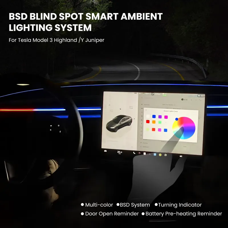 Tesstudio BSD 2.0 Blind Spot Warning System showing radar sensor and RGB ambient lighting components