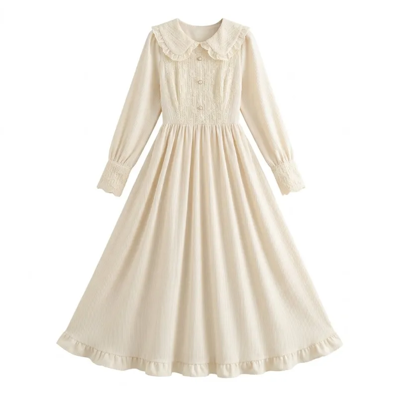 Cottagecore Clothes Cottagecore Pan Collar Midi Dress in cream with double-layer Peter Pan collar and lace bodice