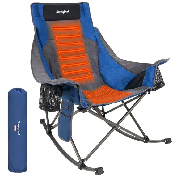 SunnyFeel Outdoor Oversized Heated Rocking Camping Chair shown folded next to its carry bag