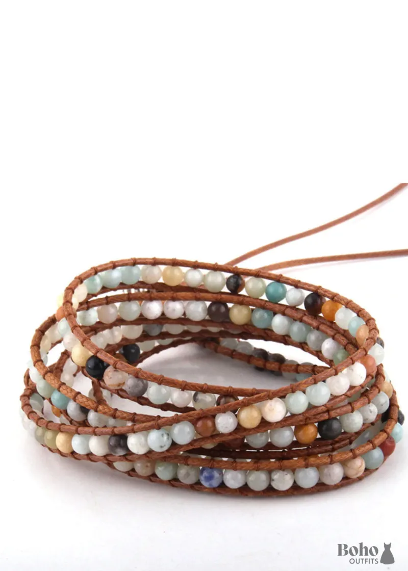 Boho Dress RH 5 Layers Leather Wrap Bracelet with blue, white and black natural stones
