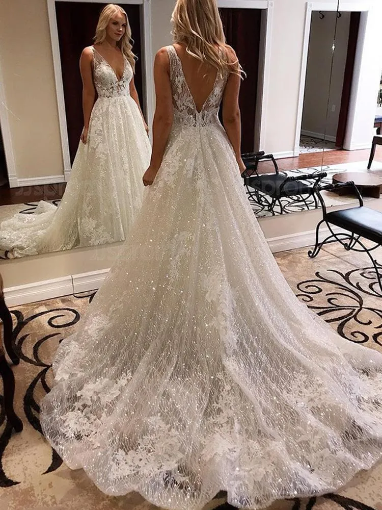 Selinadress A Line V neck Sparkly Wedding Dress with cathedral train and beaded lace detail