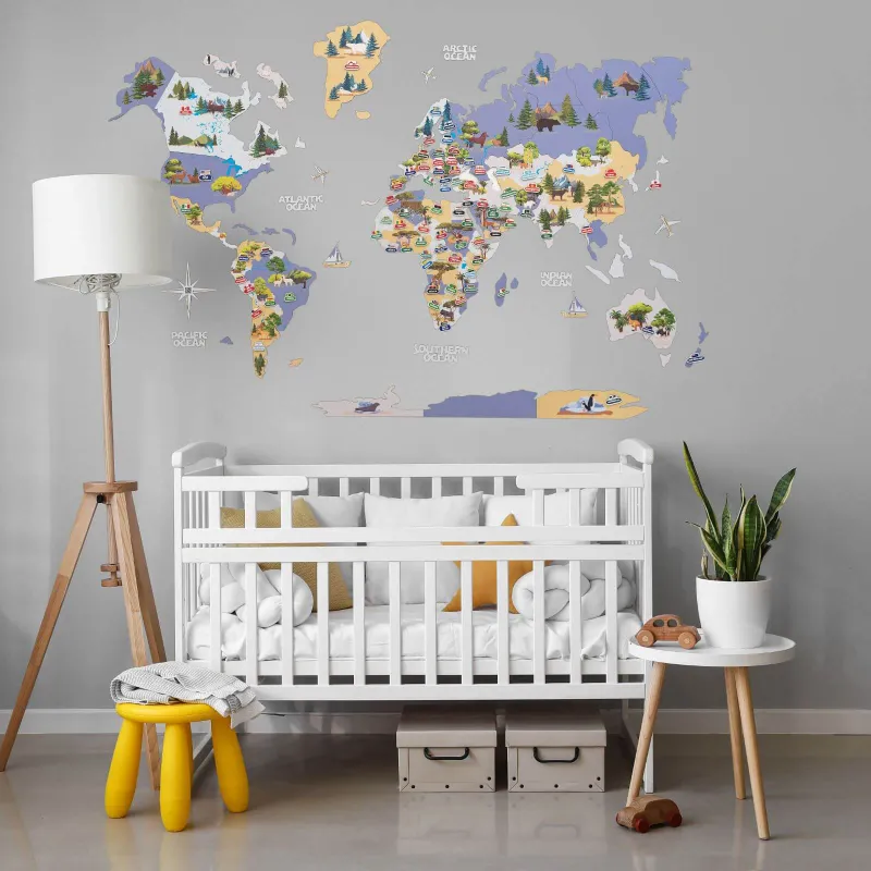 Enjoy The Wood Animal World Map Indigo with illustrated continents and animals