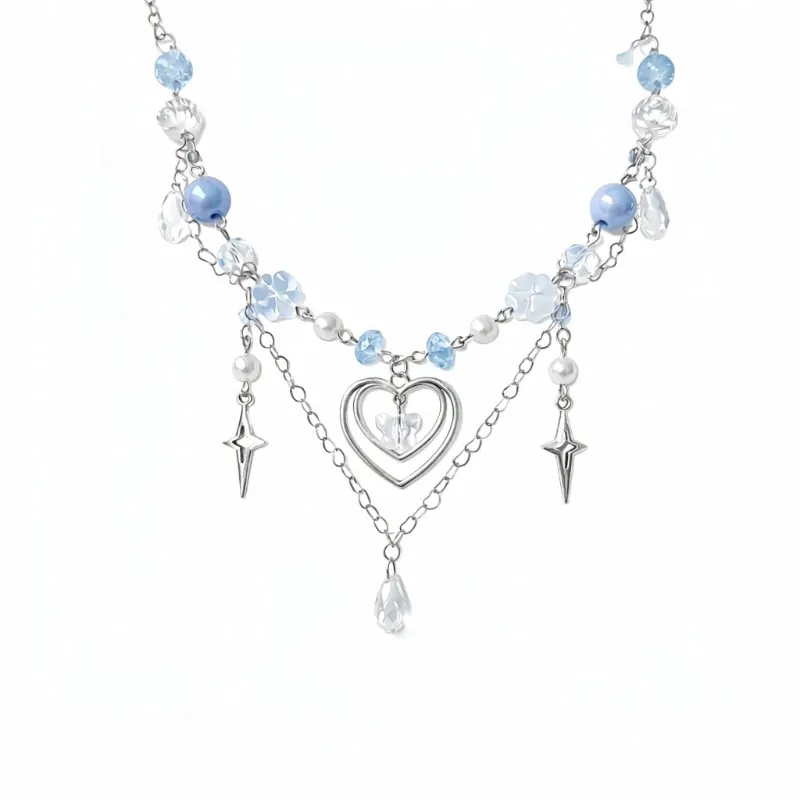 Cottagecore Clothes Ethereal Crystal Beaded Necklace with layered blue crystals and heart pendant