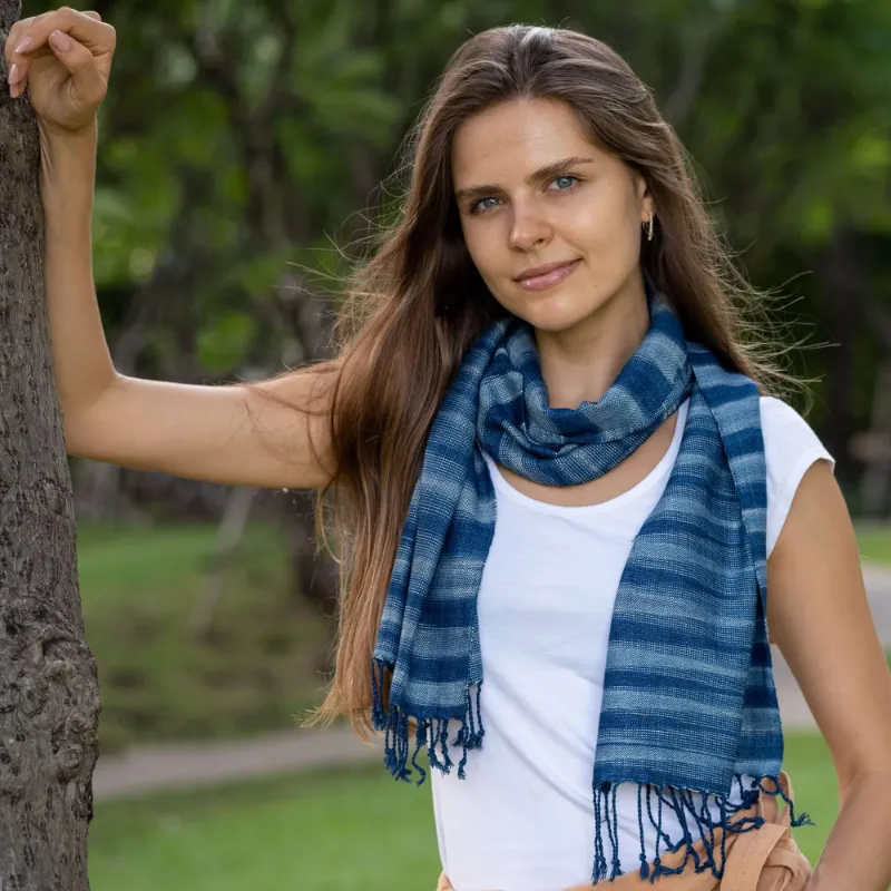 Hippie Pants Premium Conical Indigo Scarf, striped blue and white handmade textile