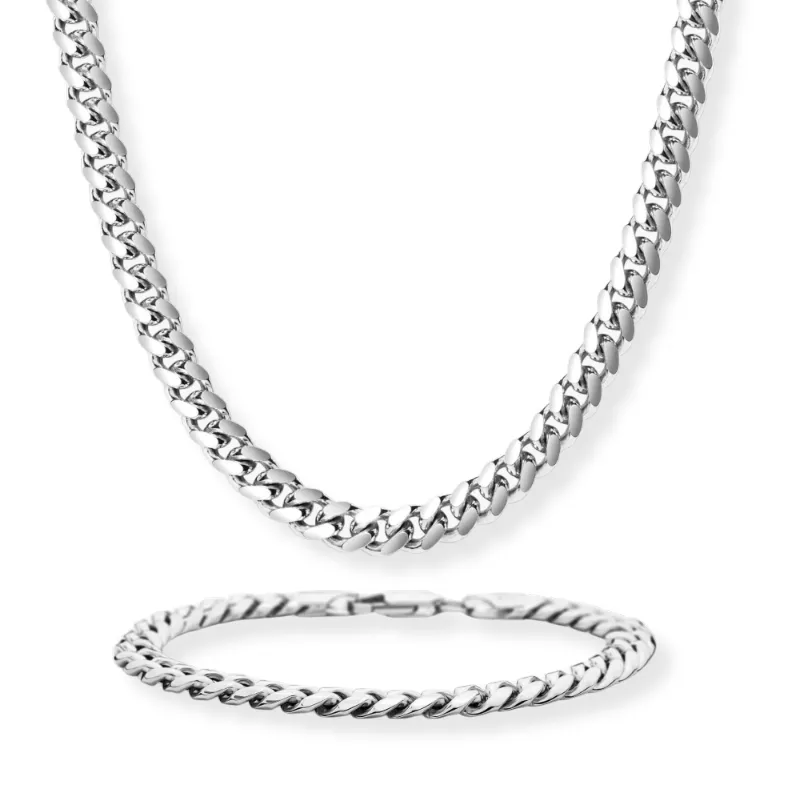 Sleek Fit Jewelry Vesta Set in silver, Miami Cuban link necklace and bracelet paired together
