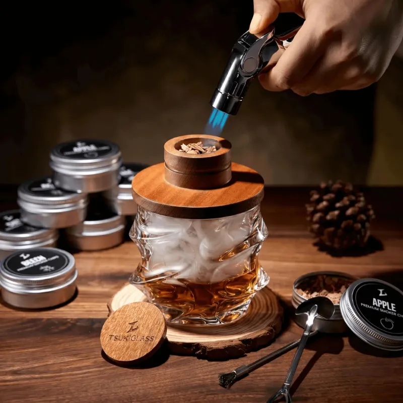 TsukiGlass Tsuki Smoker Kit For Whisky & Cocktail (Storm Bundle) showing crystal glass with textured exterior