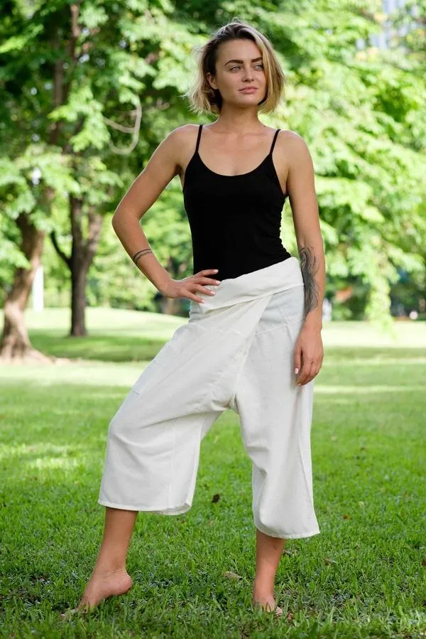 Hippie Pants White 3/4 Fisherman Pants, white wrap pants shown folded