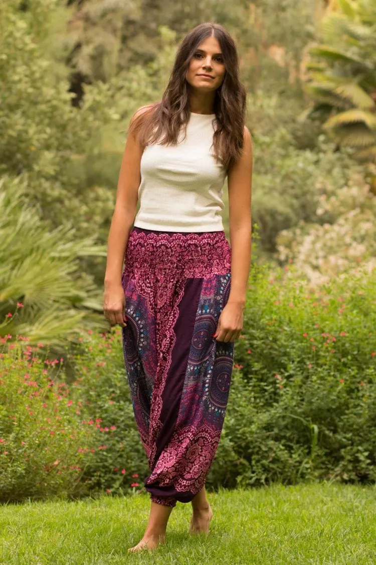 Hippie Pants Purple Blossom Pants, colorful floral print smocked waist handmade bamboo rayon