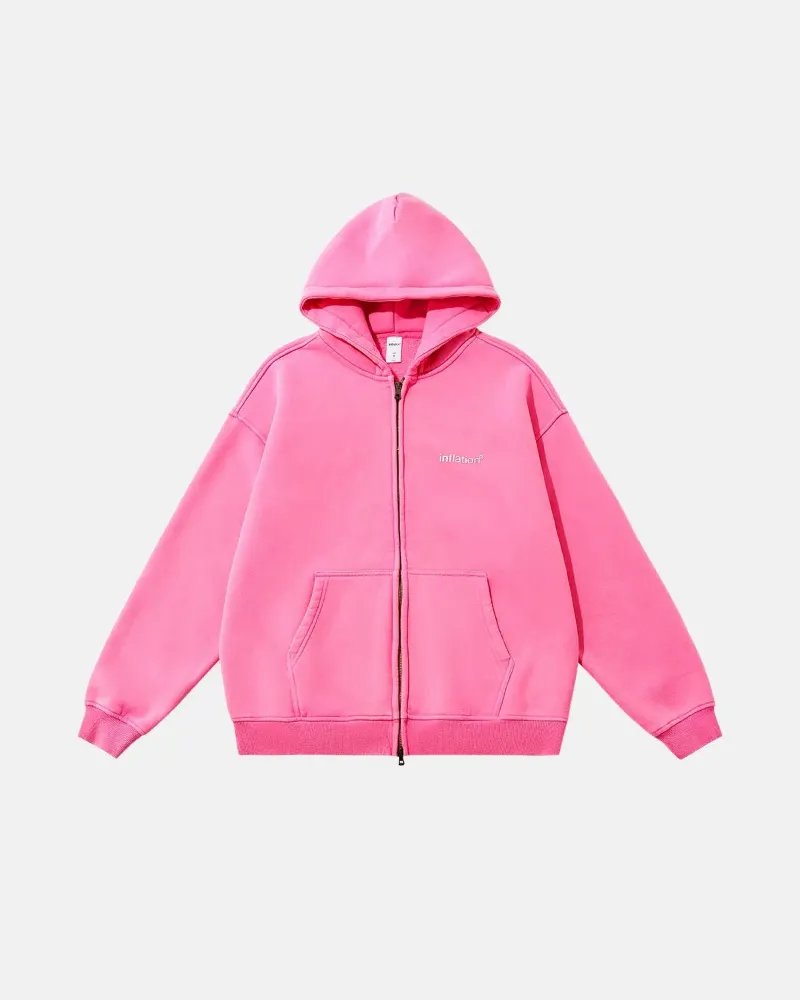 INFLATION Brand Washed Fleece Zip Up Hoodies in casual streetwear style with full zipper