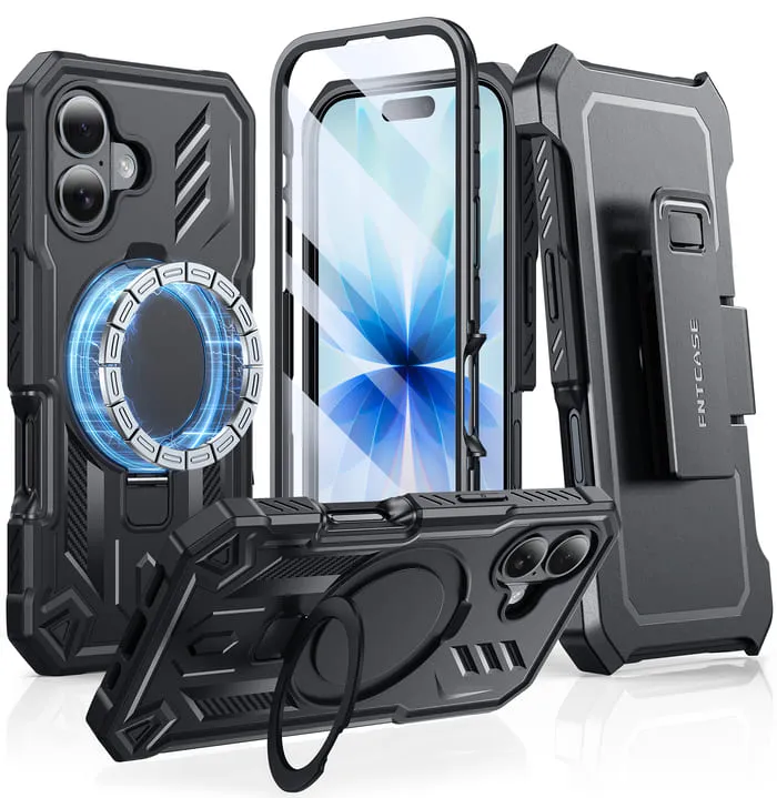 FNTCASE OFFICIAL rugged iPhone 17 case with magnetic kickstand and 360 degree rotating belt clip holster