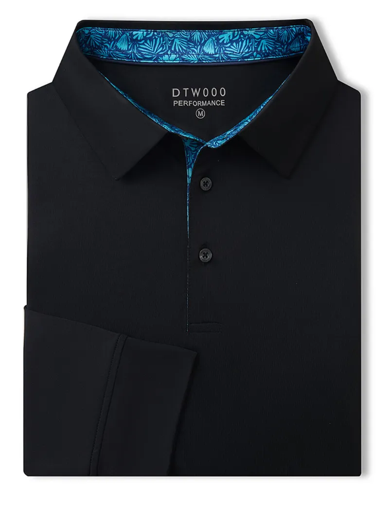DTWOOO Designed Collared Long Sleeve Golf Polo in black with moisture-wicking performance fabric