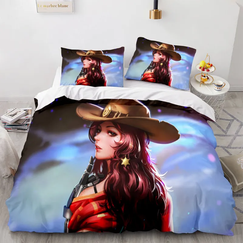 EBuycos Blackwatch Mercy Overwatch Cosplay Bedding Set, duvet and pillowcases with game character print