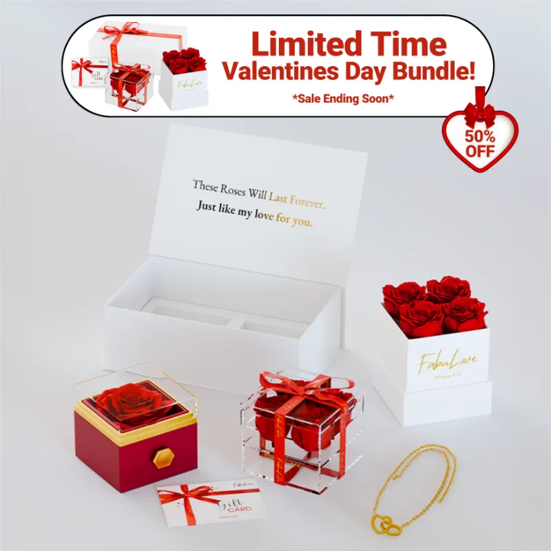 FabuLove Eternal Rose Box Bundle showing preserved rose in box, gold-plated necklace, and bonus rose bouquet