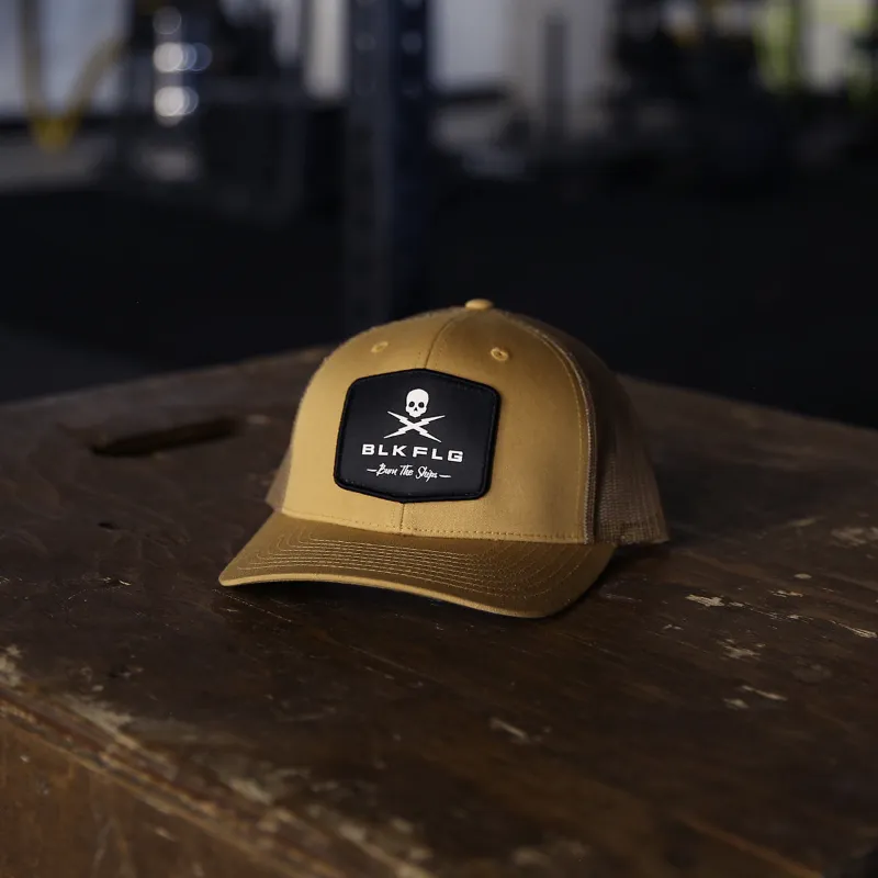 BLK FLG Burn the Ships Cap showing bold embroidered lettering on a dark cap