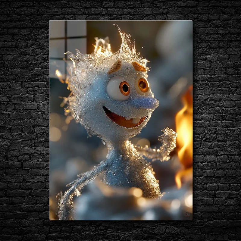 CruArt Icy Delight by the Fire metal print, smiling ice character illuminated by flame