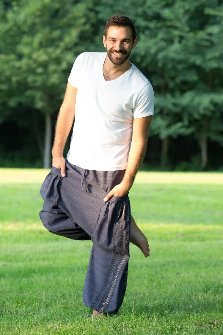 Hippie Pants Dark Blue Vibe Pants, dark blue menswear with ethnic prints and wooden button pockets