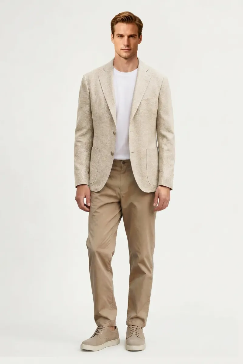 Wehilion Men's Beige Linen Blend 2-Piece Suit shown as a complete blazer and trousers set in warm beige.