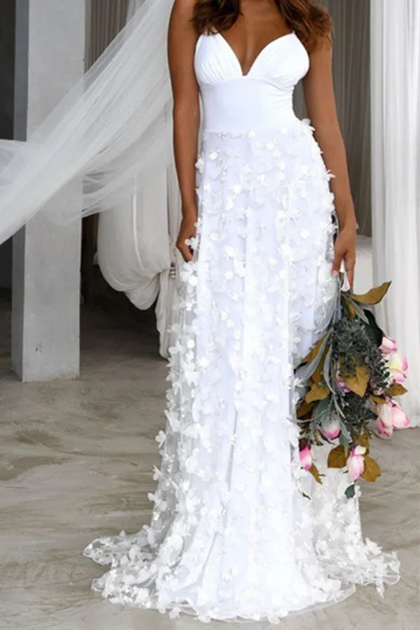 Mislish Appliques V-neck Spaghetti Straps Dress in pink, full length with appliqué details