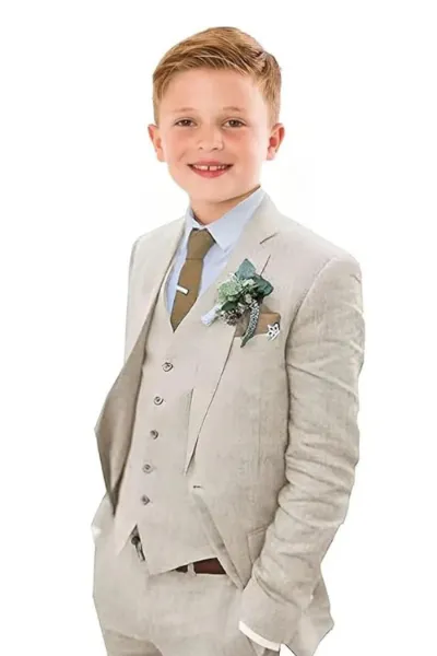 Wehilion Boys Linen Summer Casual 3 Piece Suit, boys linen jacket with vest and pants
