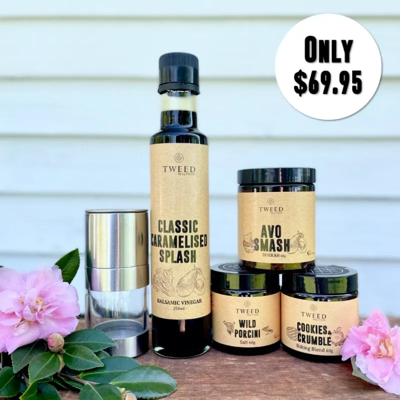 Tweed Real Food Mothers Day Gift Hamper with balsamic vinegar, dukkah, porcini salt, baking blend and steel grinder in eco-friendly box