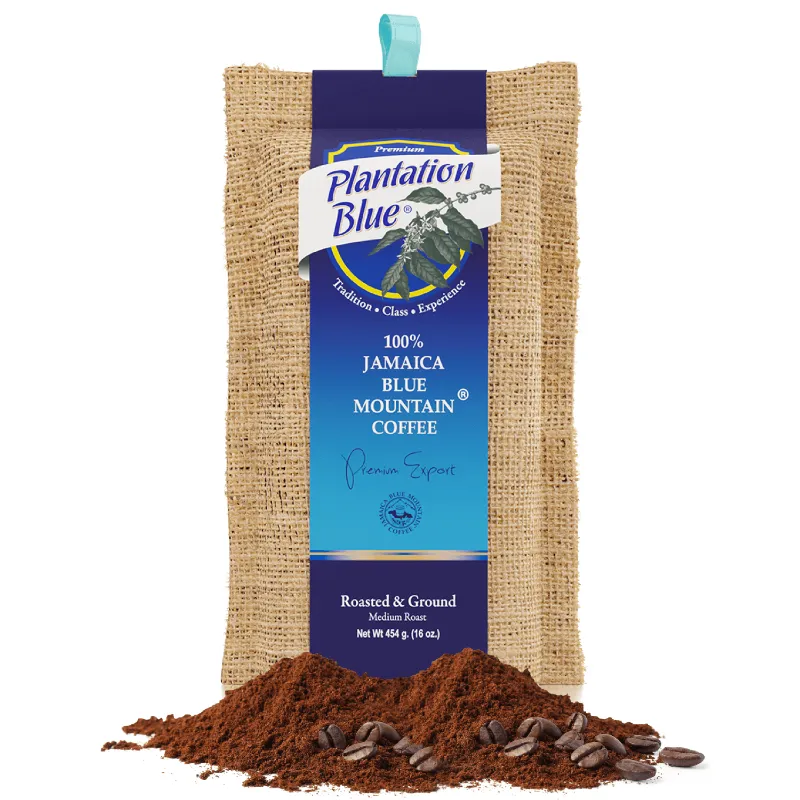 Plantation Blue Coffee Jamaica Blue Mountain Coffee 16oz roasted and ground in decorative burlap bag