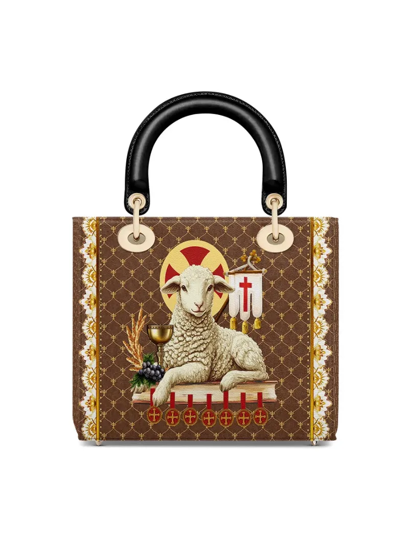 Catholight Agnus Dei Lady Leather Bag featuring sacred lamb of God design on brown leather
