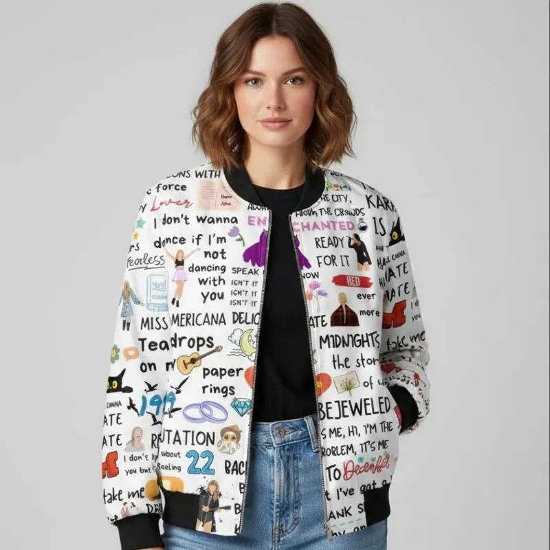 The Banyan Tee US AOP Bomber Jacket - Swiftie Paradise, digitally printed all-over design on navy fleece